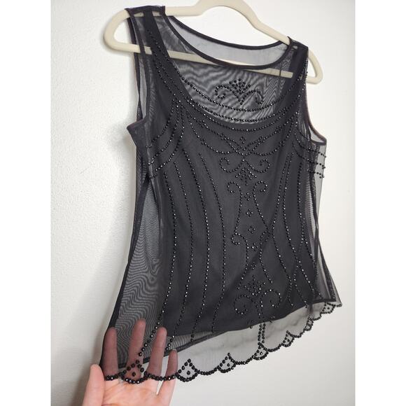 Vintage 90s Beaded Mesh Black Tank Top Fairy Whimsy Witchy Goth Shirt - Picture 3 of 6